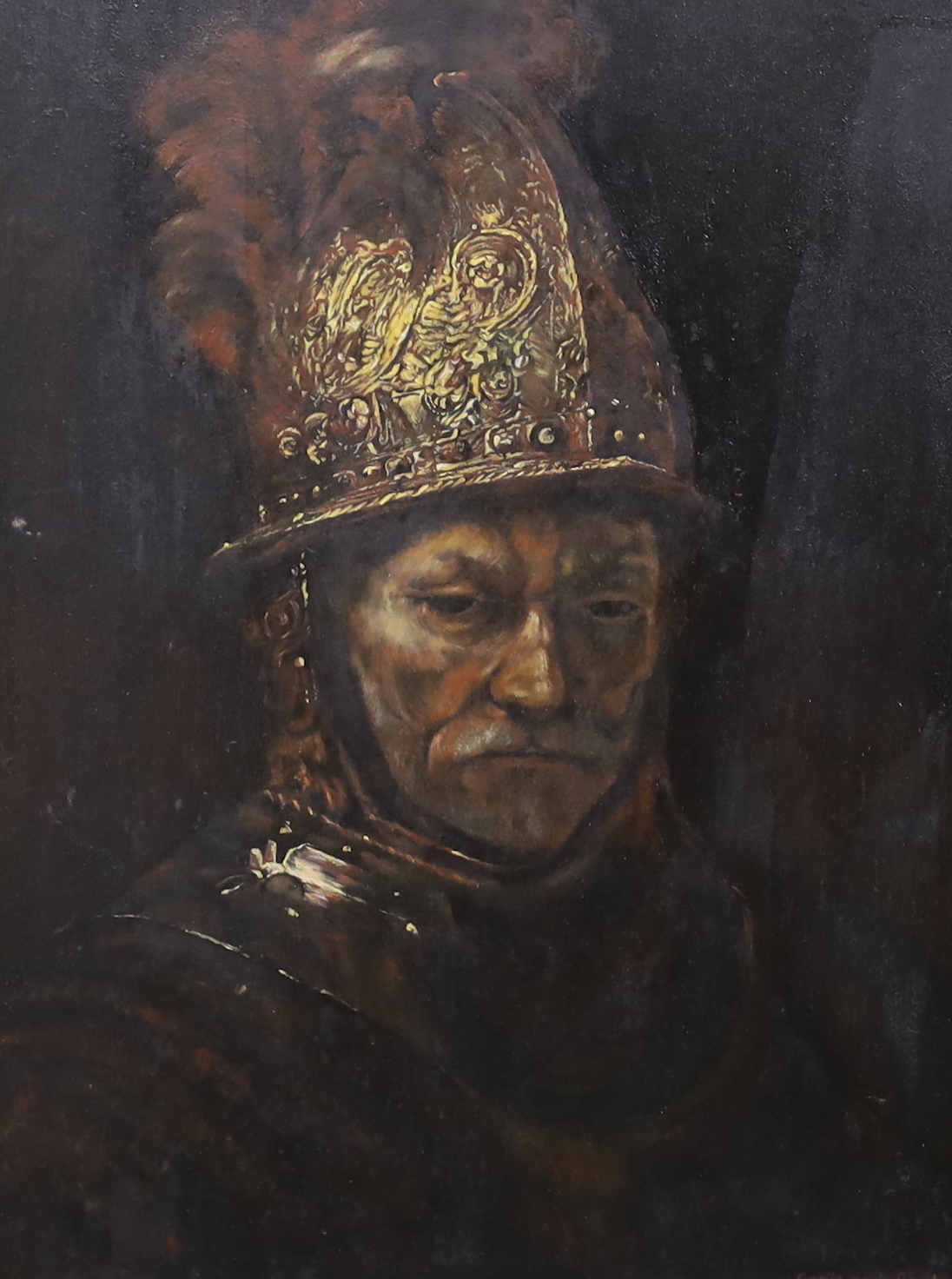 W Loschke, After Rembrandt (Dutch, 1606-1669), oil on board, ‘The man with the golden helmet’, signed, 65 x 50cm